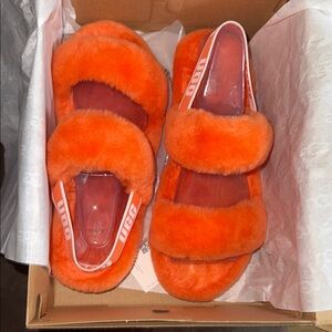 UGG women’s Orange Plush Double-Band Slide Slippers